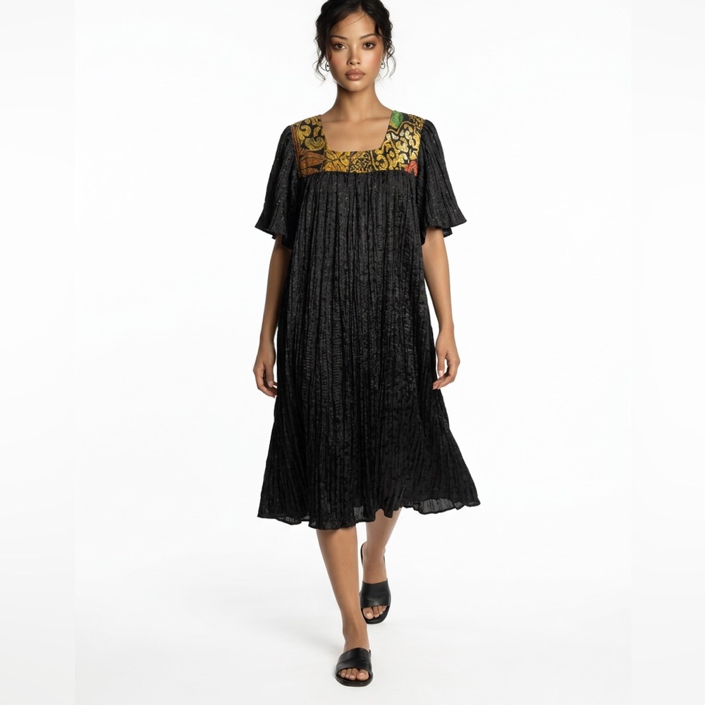 Vintage Naqui New York Womens Pleaded Print Maxi Dress Black Size 3XL